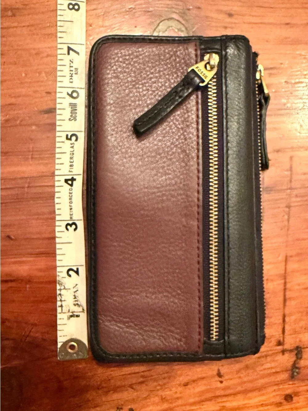 Fossil Black & Burgundy Leather Zip Wallet